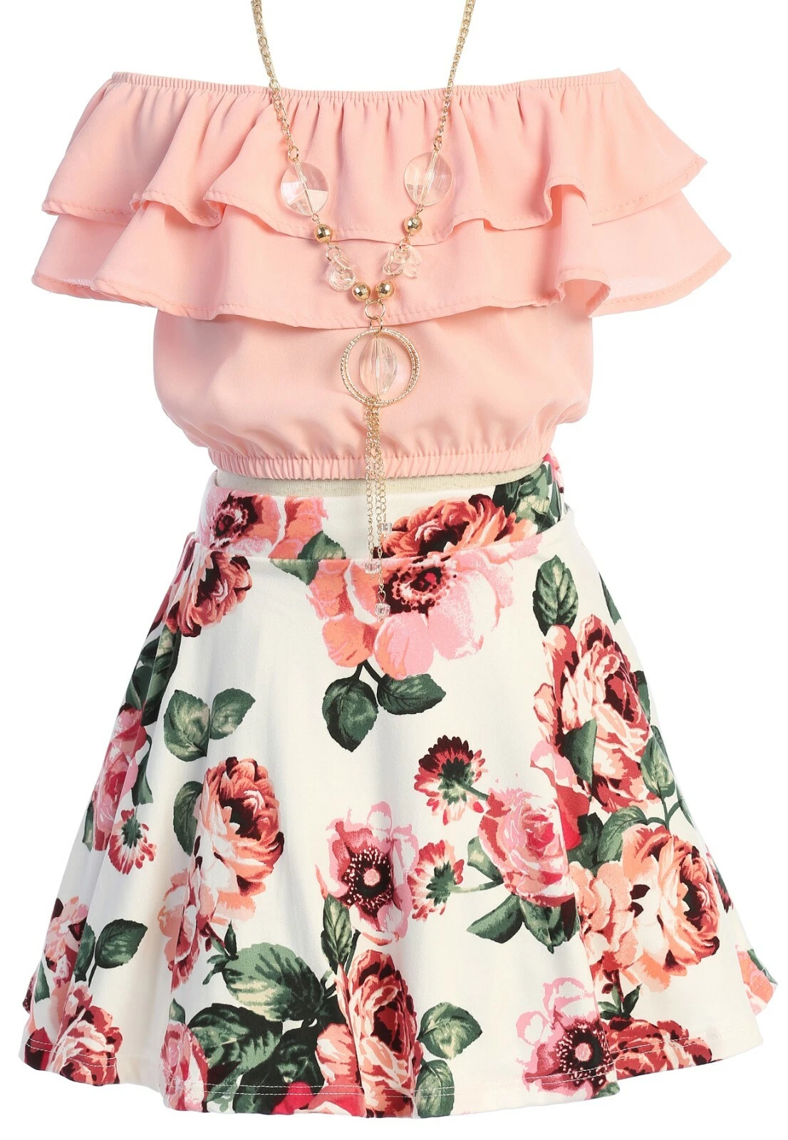 3 PCS Off Shoulder Crop Top Ruffle Layered Top Flower Girl Skirt Sets Blush 2130