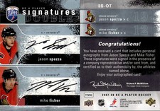 2007-08 Be A Player Signatures Duals #2SOT Jason Spezza Mike Fisher Auto 