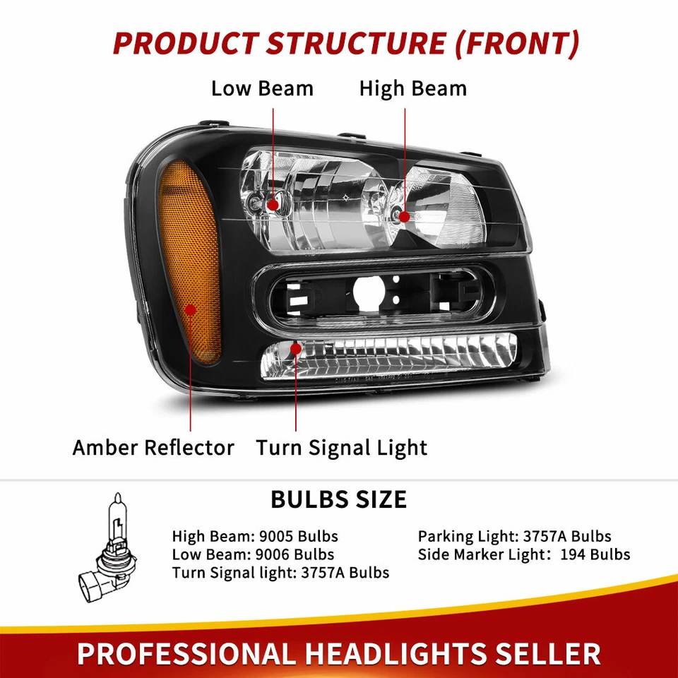 Пара черных корпусных фар в сборе для Chevy Trailblazer 2002-2009 годов выпуска - Изображение 3 из 4