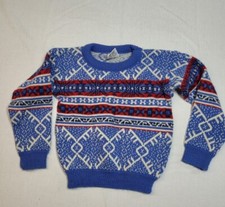 Vintage 90's HOT FUDGE Winter Blue Bright Print Youth Small Chunky Knit Sweater