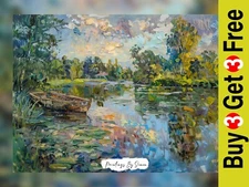 Tranquil Scene Lush River Impasto, Oil Painting Print 5"x7" on Matte Paper