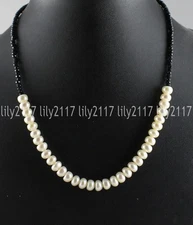 3mm Bright Black Spinel Round Gems 7-8mm Natural White Rondelle Pearl Necklace