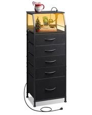 LED Nightstand with Charging Station, Fabric Dresser with 5 Drawers for Bedro...