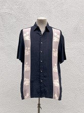 Vintage Mens Island Shores Black Rayon Hawaiian Palm Tree Print Shirt Size Large