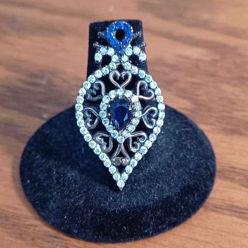 Beautiful Vintage Sapphire White Topaz Sterling Silver Halo Ring Size 7.75