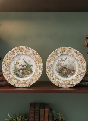 Set of 2 Antique Haviland Limoges Game Bird Plates Pair 1890s Mallard Duck Snipe