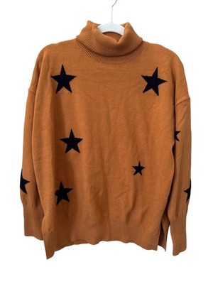 Turtleneck Sweater Size XL Star Print Long Sleeve Pullover Burnt Orange Relaxed