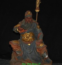 31.5''Old Chinese Wood Painting Carving Dragon Guan Gong Yu Warrior God Statue