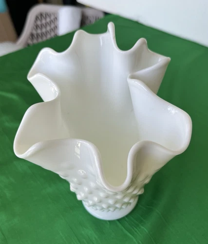 Vintage Fenton Hobnail Milk Glass Ruffled Edge Pedestal Vase 6.75" Tall