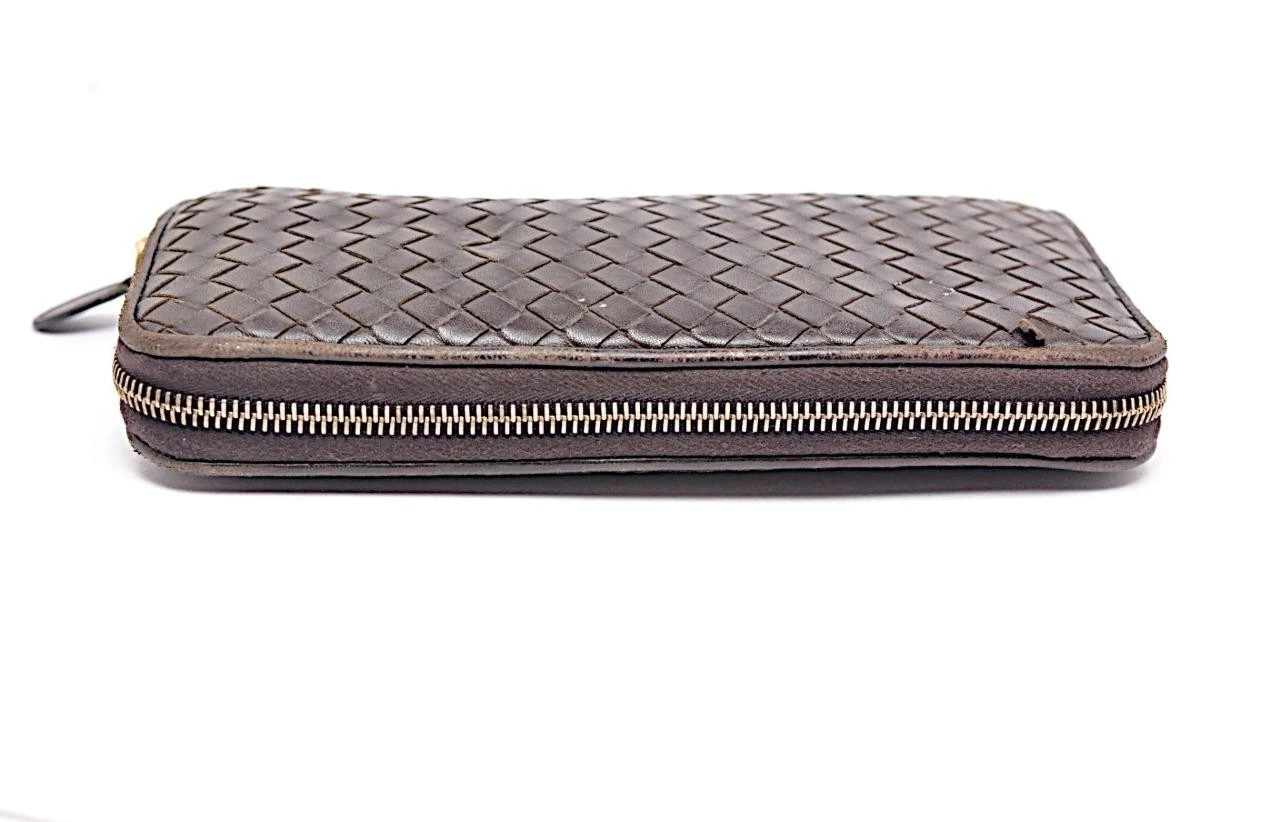 Bottega Veneta Pochette Tessuto Marrone Portafoglio Zip Intorno Viaggio 9" x 5"