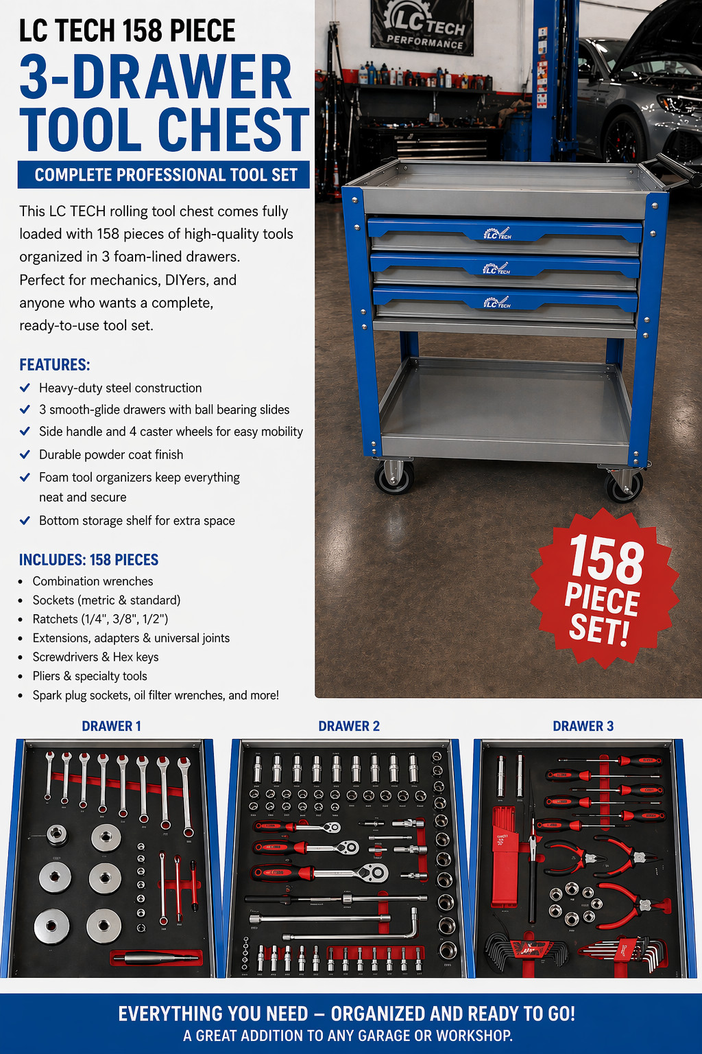 LC TECH 158 Piece 3 Drawer Tool Chest Complete Professional Tool Mechanic Socket