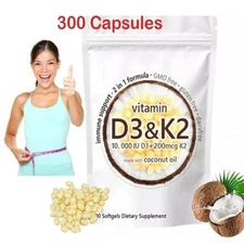 Vitamin D3 10000 iu Plus K2 (MK-7) 200 mcg, 300 Virgin Coconut Oil Softgels