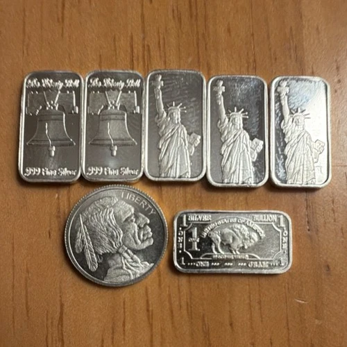 Lot of 7 gram .999 Fine Silver Bars & Rounds Liberty Bell Buffalo Statue