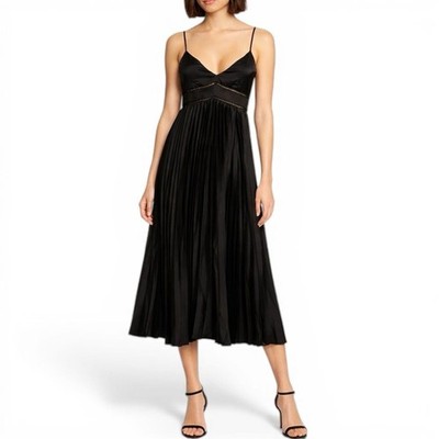Saks Fifth Avenue Black Satin Pleated Midi Dress Spaghetti Strap V Neck Sz Small