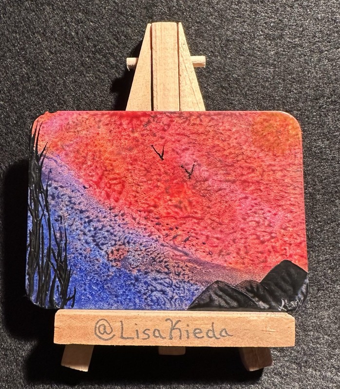 ACEO Original Sunset Landscape Birds Nature Rocks Wax Painting 
