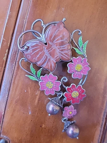 Vtg Sterling Marked .925 Big Coral Butterfly W/  Enamel Inlay ~ Brooch/Pendant 