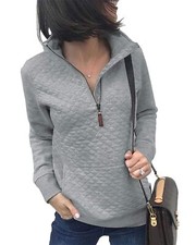 Women Fashion Quilted Pattern Lightweight Zipper Long Sleeve Plain Casual Lad...