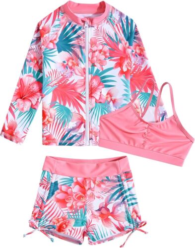 Funnycokid Girls Swimsuit 3 Pieces Zip Rash Guard Set 9-10 Years, Pink Floral