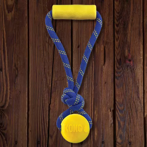 KONG Jaxx Brights Ball with Rope and Handle MEDIUM Yellow Tug & Fetch Dog Toy