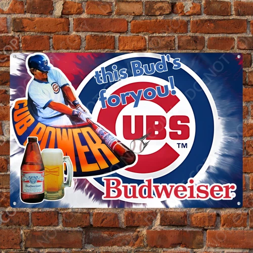 VTG STYLE BUD BUDWEISER BEER CHICAGO CUBS KEITH MORELAND  BAR PUB METAL SIGN
