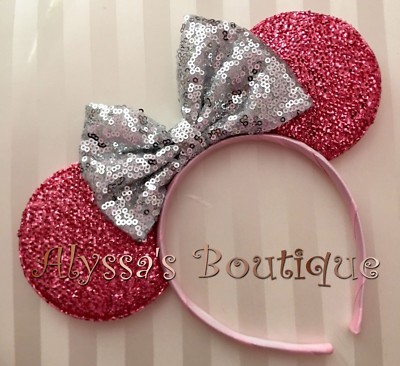 NEW Minnie Mouse Shiny Pink Ears Headband Silver Sequin  display picture 1