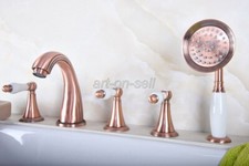 Bathroom 5 Holes Deck Mount Roman Tub Faucet Red Copper Bath Tub w/ Side Spray
