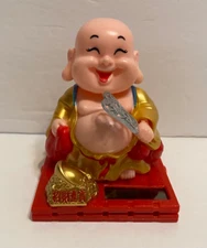 SOLAR POWERED Happy BUDDHA With Fan figuire Toy-Gold