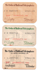LOT OF 3 THE ORDER OF RAILROAD TELEGRAPHERS MEMBERSHIP DUES CARDS 1946-1947-1948