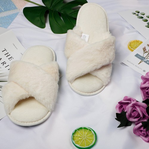 Womens Cross Band Memory Foam Fluffy Furry House Slippers Open Toe House Shoes - Picture 14 of 44