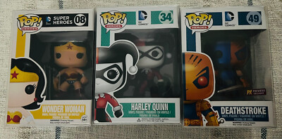Funko Pop Heroes DC Comics Bundle Of 3 Wonderwoman Harley Quinn Deathstroke 