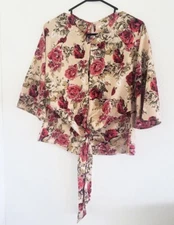 Mi Ami Multicolor Round Neck Key Hole Front & Back Tie Front Long Sleeve Top XS