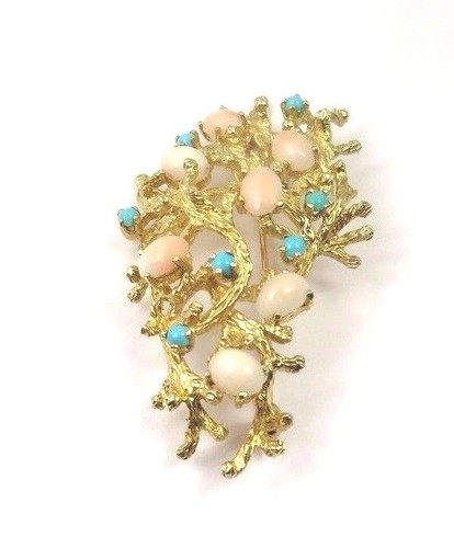 14k Yellow Gold Vintage Tree Branch Brooch Pin With Pink Opal & Turquoise Stones - 第 4/5 張圖片