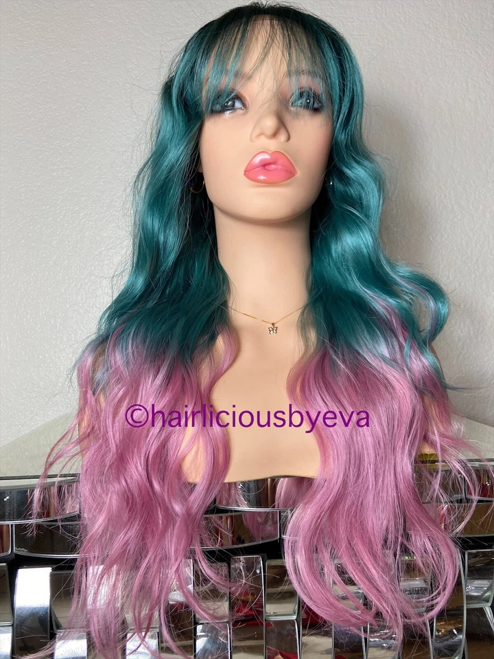 "Peluca arco iris pastel ombré verde rosa raíces oscuras encaje frontal 24"" largo capa ondulada" Foto 3 de 4