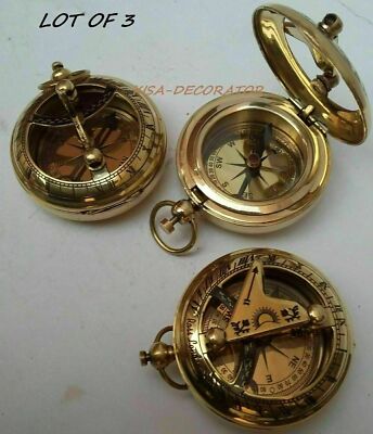 Pocket Sundial Brass Compass Silver Antique Push Button w/ Lid Gold Pocket Sundial Brass Compass Silver Antique Push Button w/ Lid Gold