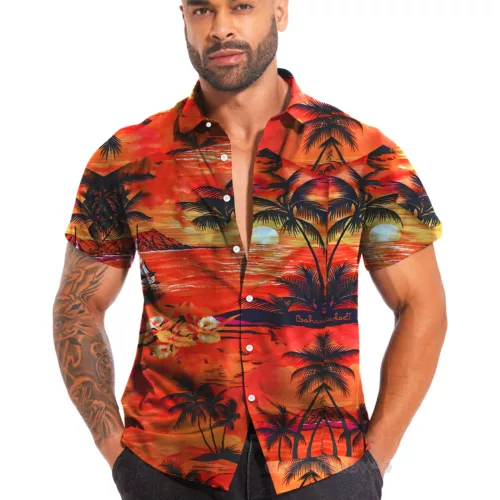 Hawaiianisches Hemd Herren Kokosnussbaum Druck Strand Urlaub Aloha Party kubanischer Kragen - Bild 6 von 48