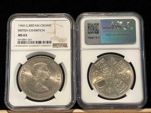GREAT BRITAIN Crown 1960, Elizabeth II Exhibition, NGC MS63 Lustrous Ch UNC. K8