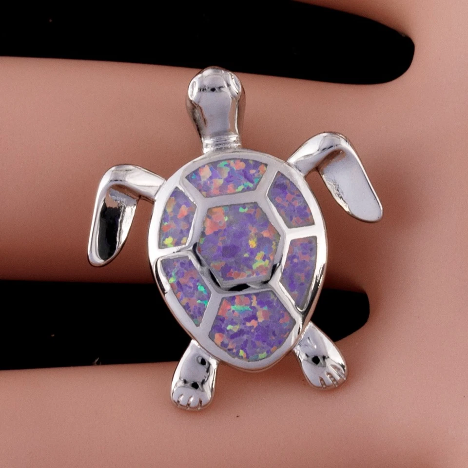 Collar colgante de plata de ópalo de fuego púrpura lavanda tortuga marina verde Foto 3 de 4