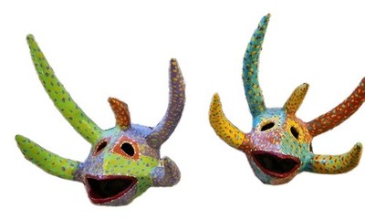  Puerto Rican 2 Vejigante Papier-Mâché Mask   Ponce PR Folk Art, Horns. 7''×5''×7''