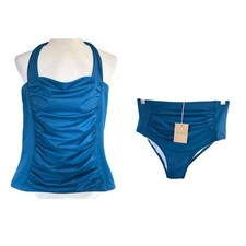 Boden Kythira Ruched Tankini Oceanside Blue S0427 Bikini Bottoms Swimwear 6 NWT