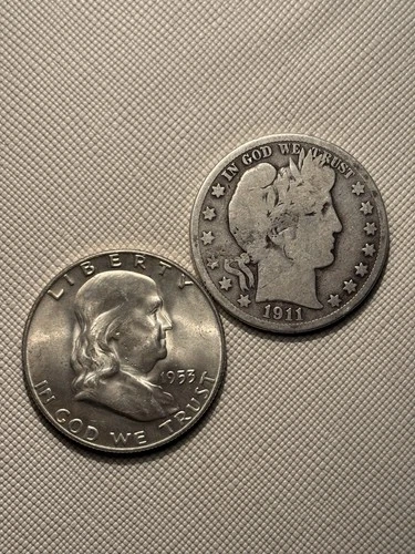 Two Silver Half Dollars 1953 D Franklin and 1911 Barber