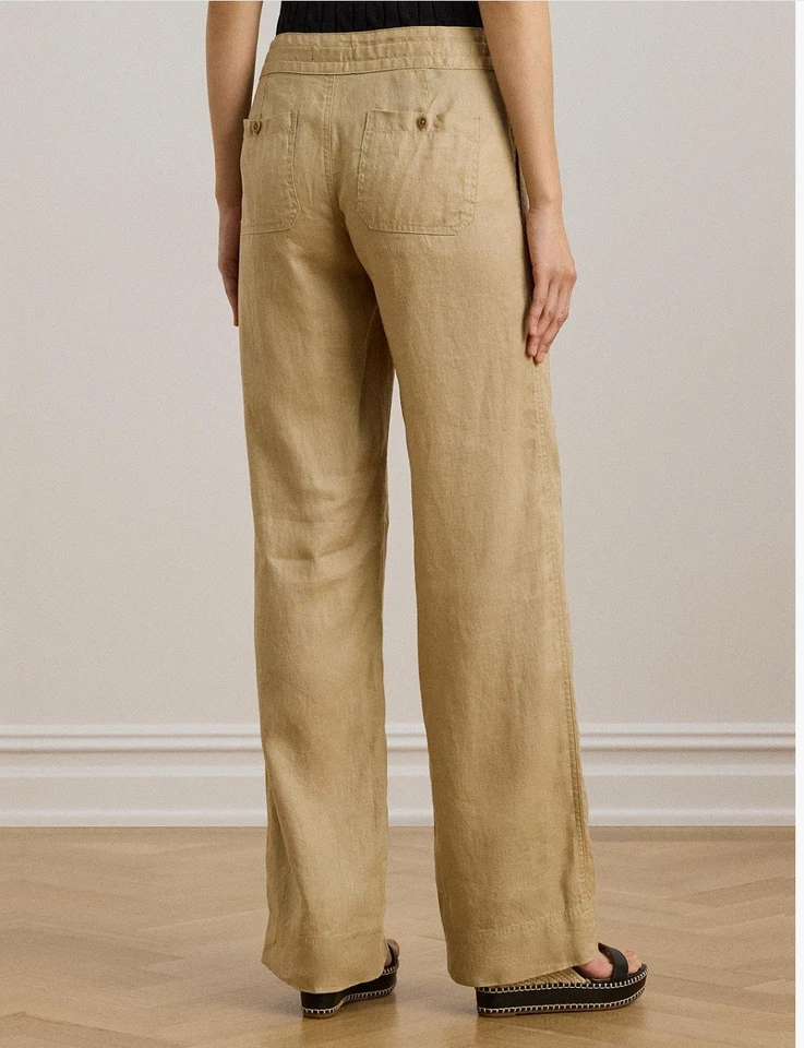 WOW USADO EN EXCELENTE ESTADO Lauren Ralph Lauren Talla 8 100% Lino Pantalones Pierna Ancha Bronceado Abedul ¡ENVÍO GRATUITO! Foto 3 de 4