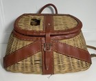 Vtg Wicker Leather Fly Fishing Trout Fish Creel Basket Pouch Fishing British H K