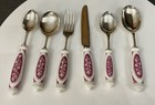 SAMUEL PEACE SILVER PLATE RED PURPLE CERAMIC DINNER KNIFE FORK SPOON SET CUTLERY