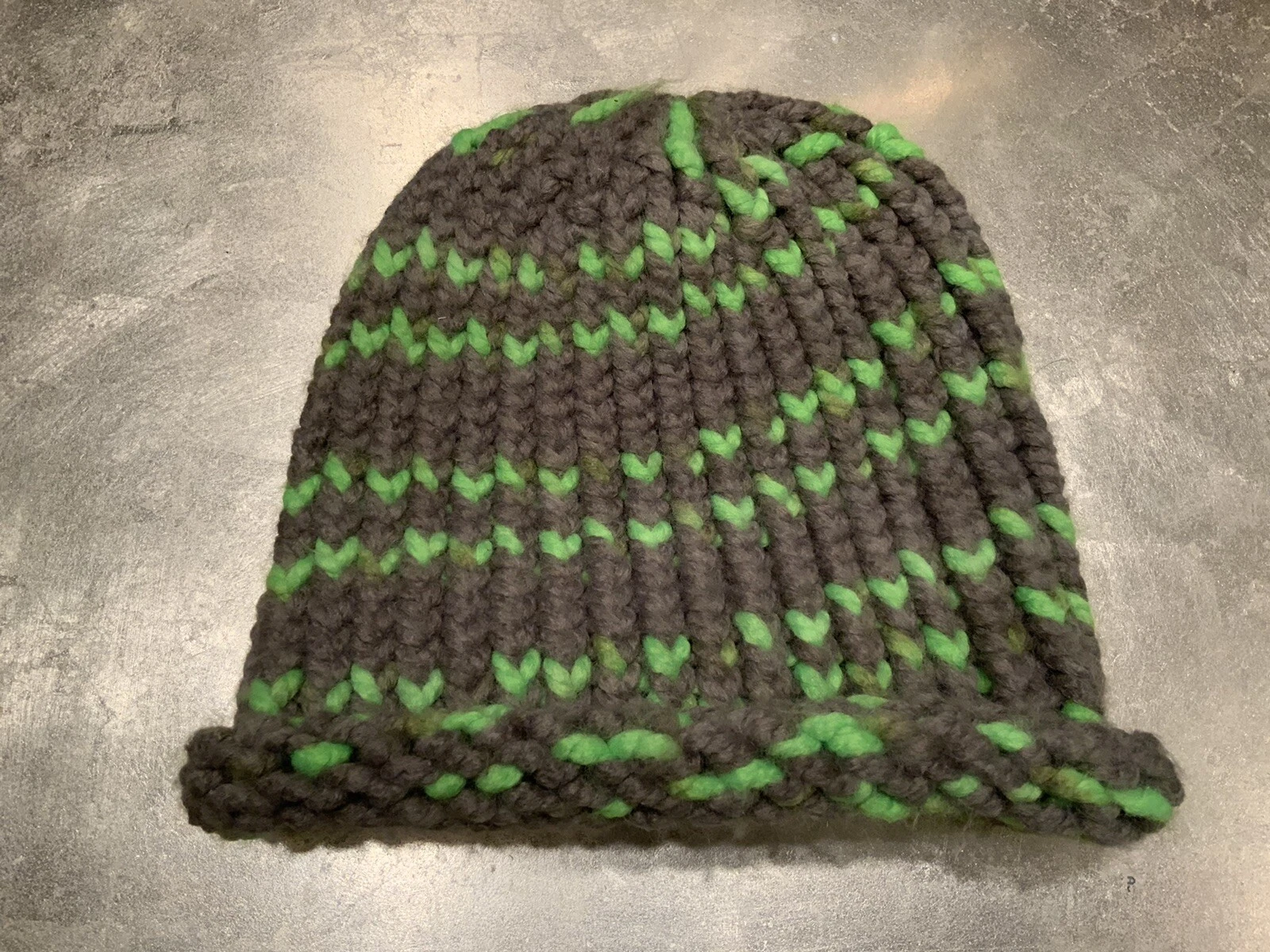Handmade Green & Gray Ribbed Knit Beanie Hat One Size Unisex