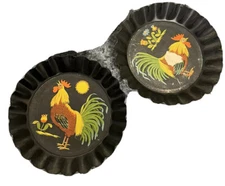 2 Tole Twins Toleware Folk Art Metal Painted Black Rooster Pie Plate Set York PA
