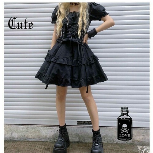 Lady Lolita Dress Girls Ruffle Lace Up Retro Puff Sleeve Cosplay ...