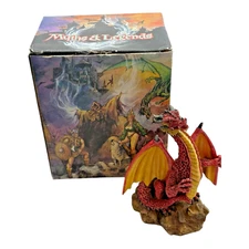 Vintage 1997 Myths & Legends #4I078 Red Dragon Gripping Wing Figurine w/ Box