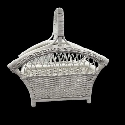 Vintage Magazine Rack Carrying Basket White Painted Wicker Rattan Bamboo Boho - Image 1 of 4