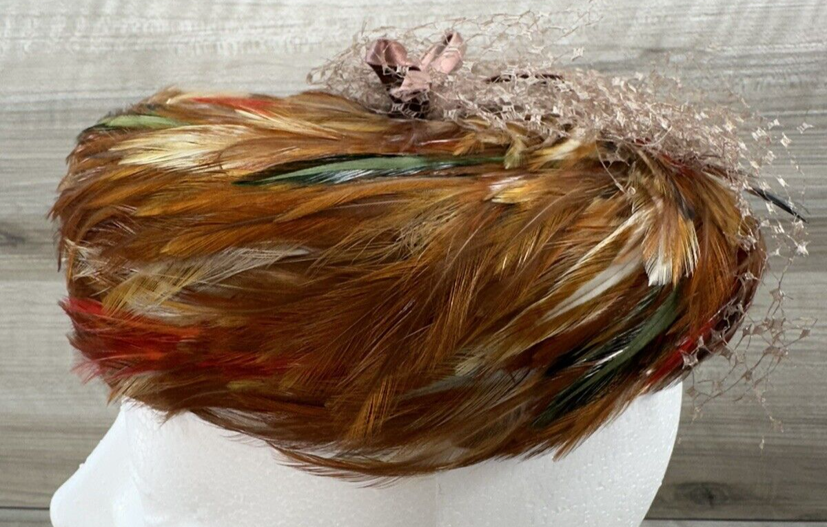 1950s VTG Feather Turban Hat by Mr. Michael Exclusive Satin 