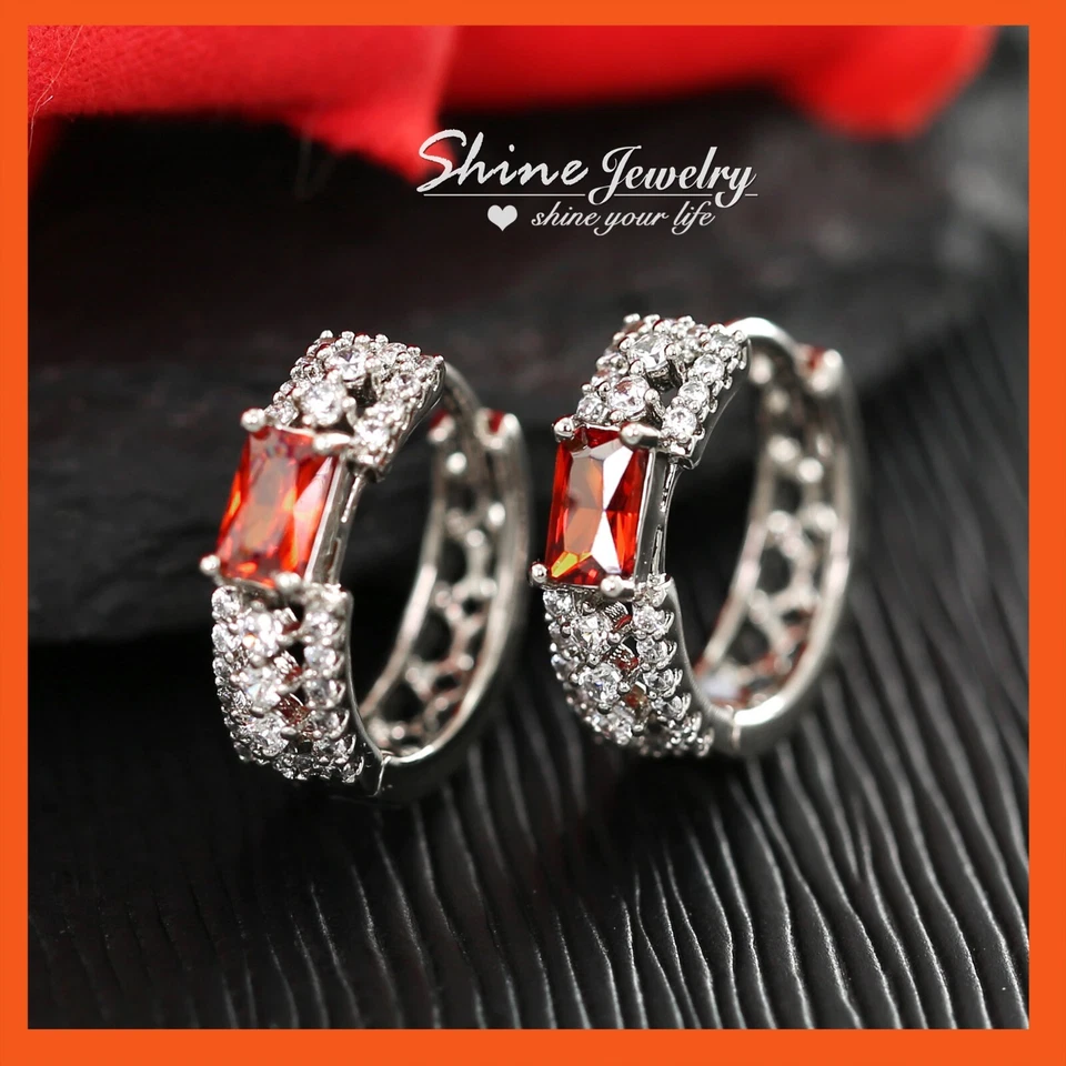 18K WHITE GOLD GF RED RUBY CRYSTAL FANCY FILIGREE SILVER BAND HOOP EARRINGS GIFT Foto 2 de 4
